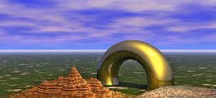 Land Ho screensaver CGI image with a gold torus and landscape